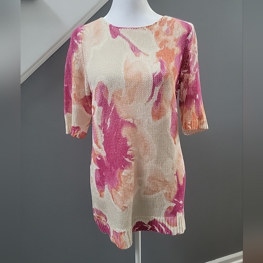 Chico’s Linen & Cotton Floral Pullover Sweater Small Pink Orange Apricot "Agnes" - Picture 2 of 6